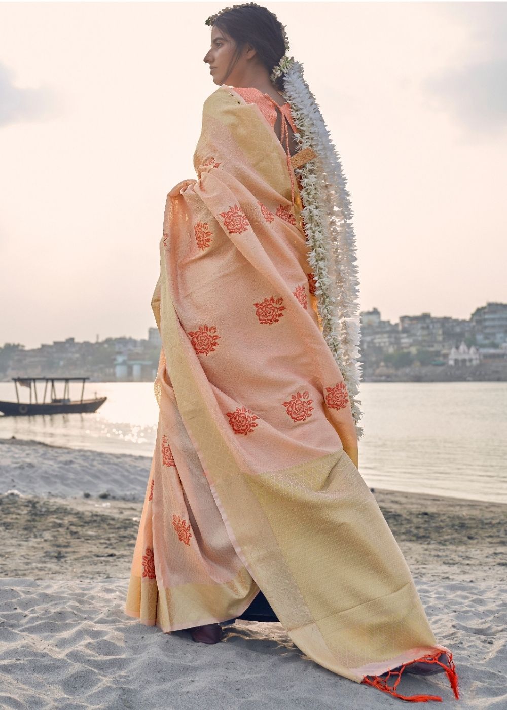 Salmon Pink Linen Silk Saree with Zari Woven Butti overall