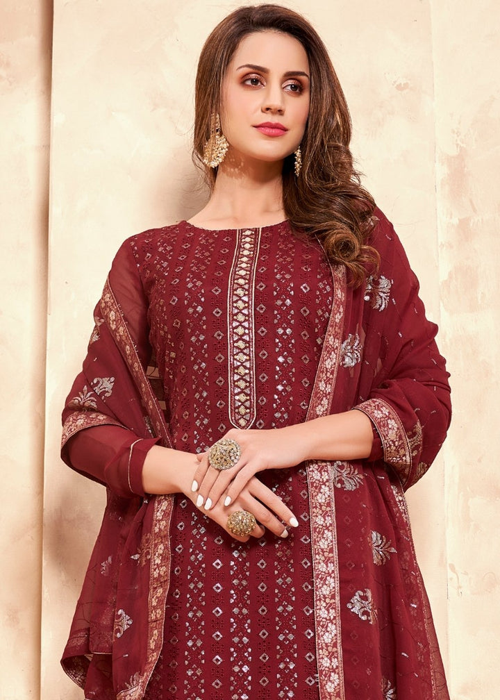 Maroon Red Georgette Salwar Suit with Thread & Sequence Embroidery work