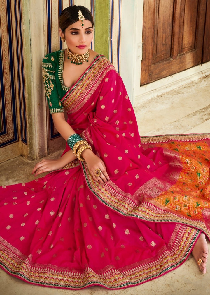 Cerise Pink Woven Banarasi Silk Saree with Embroidered Blouse