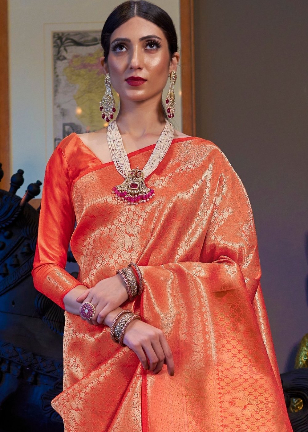 Golden Orange Kanjivaram Soft Woven Silk Saree