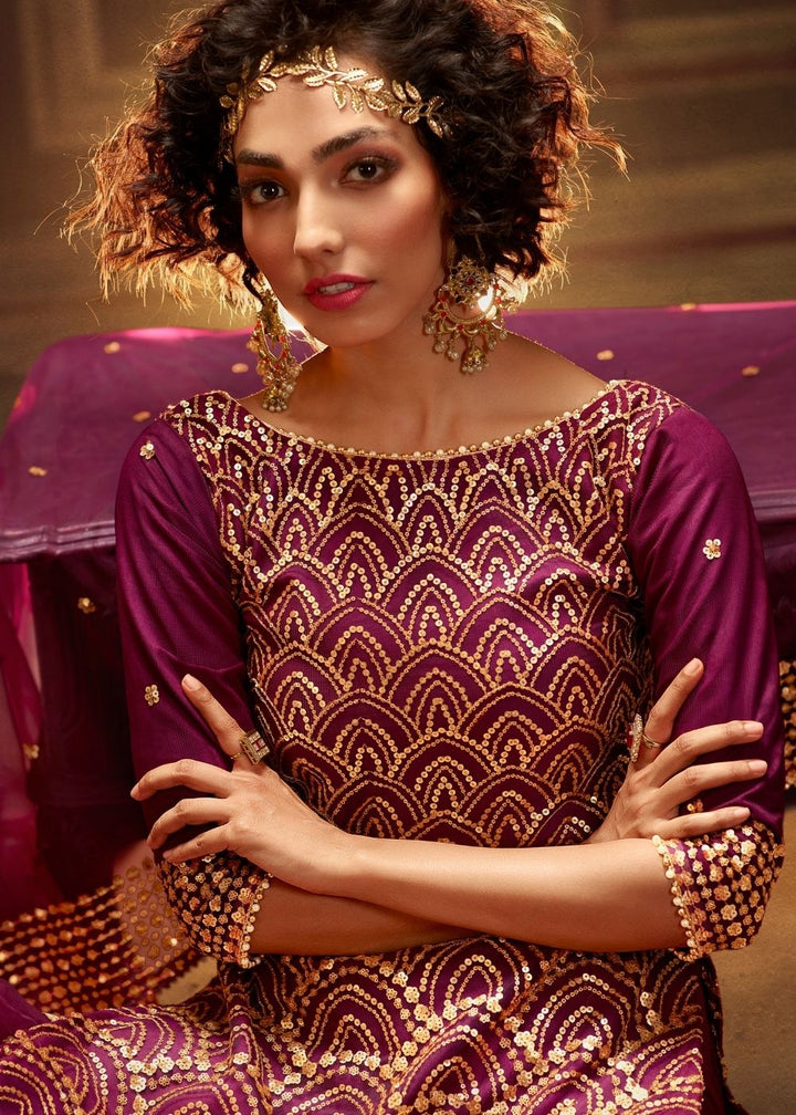 Wine Designer Soft Net Sharara Suit with overall Sequins work