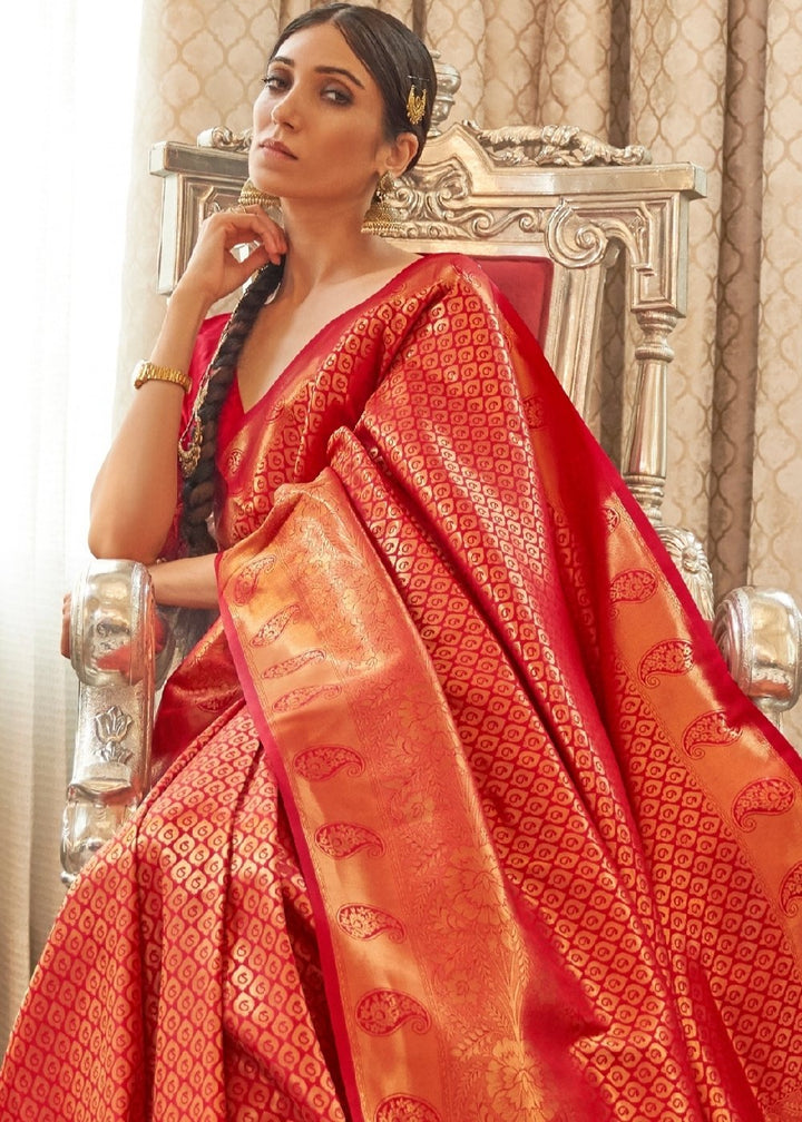 Vermilion Red Zari Woven Kanjivaram Silk Saree with Tassels on Pallu