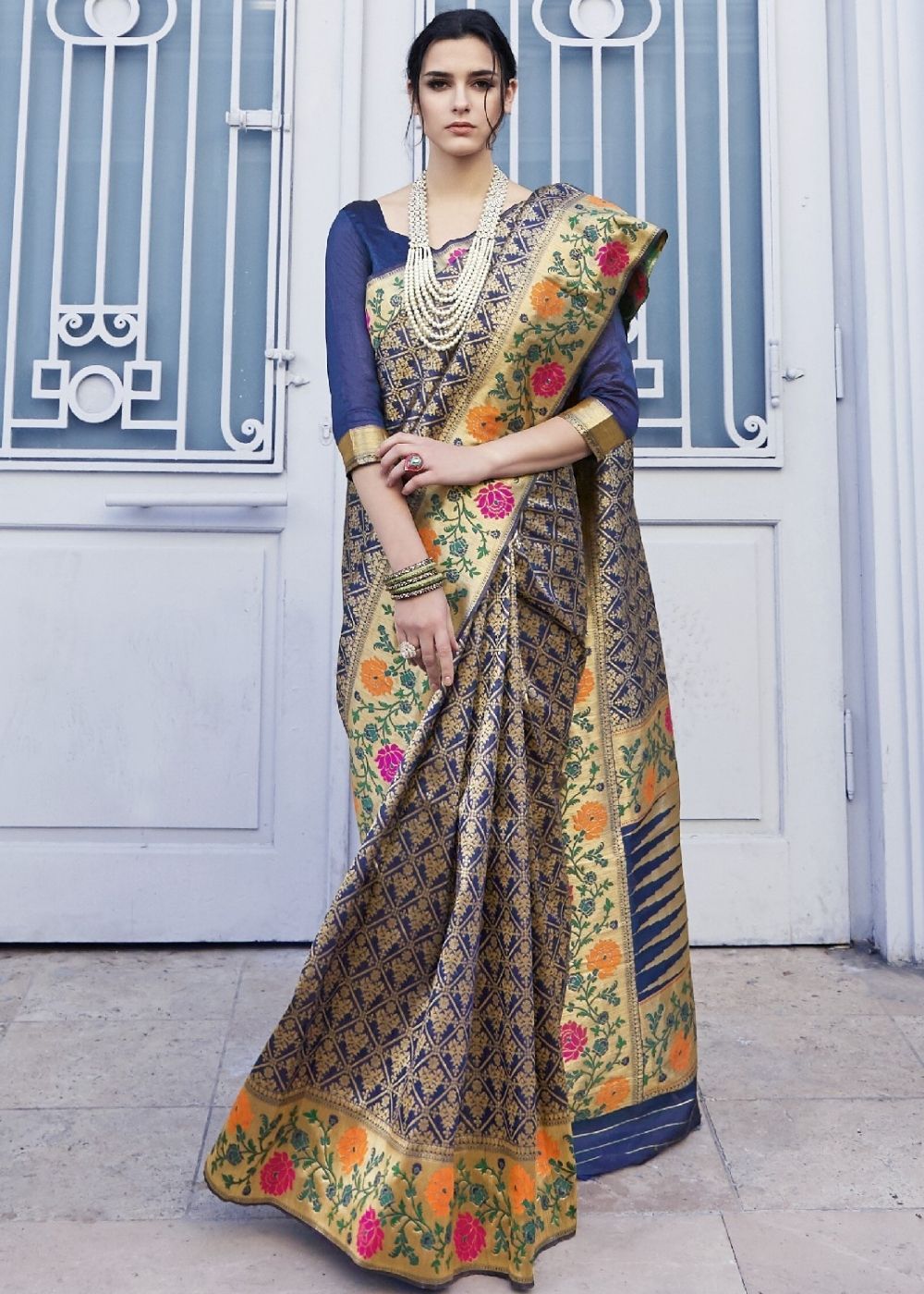 Azure Blue and Golden Blend Silk Saree with Floral Woven Border and Pallu