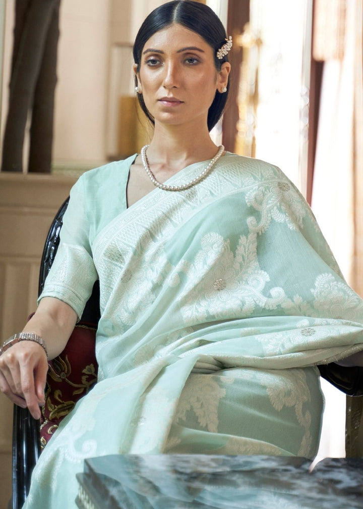 Tiffany Blue Lucknowi Chikankari Weaving Silk Saree