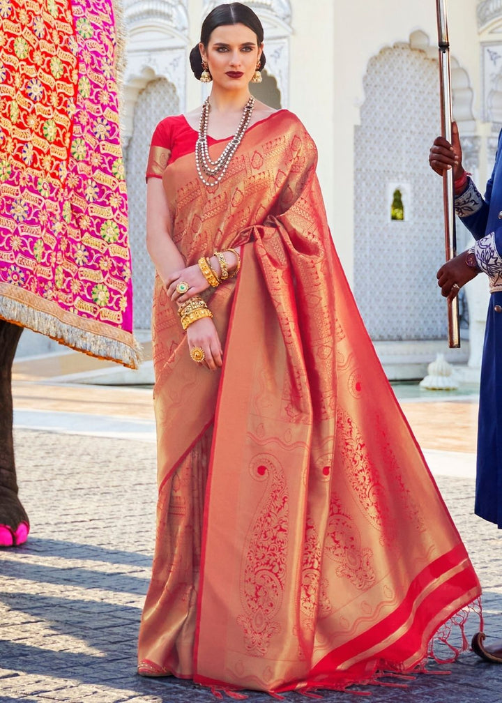 Cherry Red Handloom Weave Kanjivaram Silk Saree