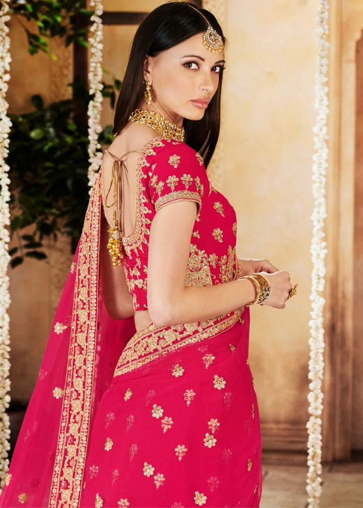 Rose Red Linen Silk Lehenga Choli with Heavy Embroidered Border
