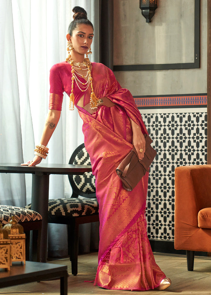 French Rose Pink Two Tone Handloom Weaving Banarasi Silk Saree