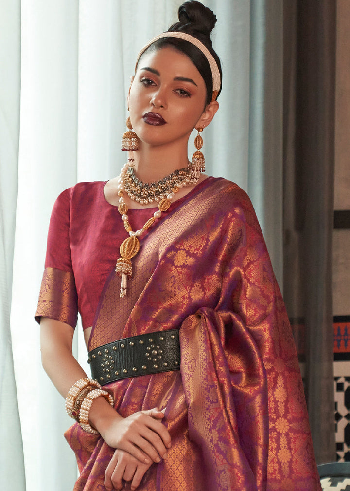 Hibiscus Maroon Red Two Tone Handloom Weaving Banarasi Silk Saree