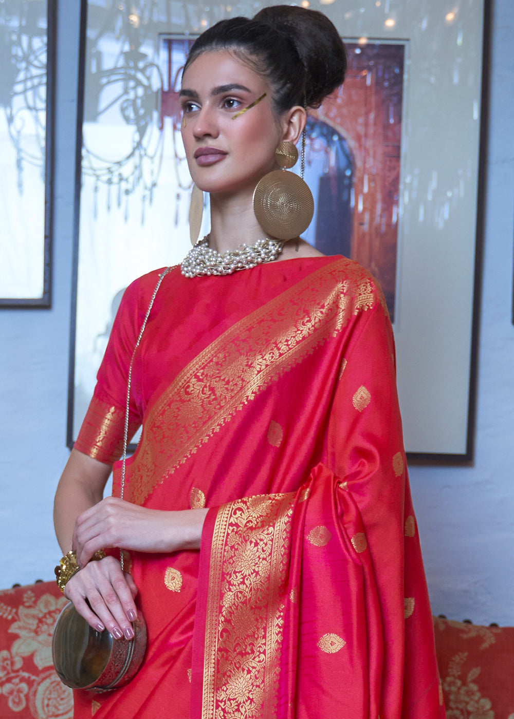 Red Pink Dual Tone Zari Woven Banarasi Silk Saree