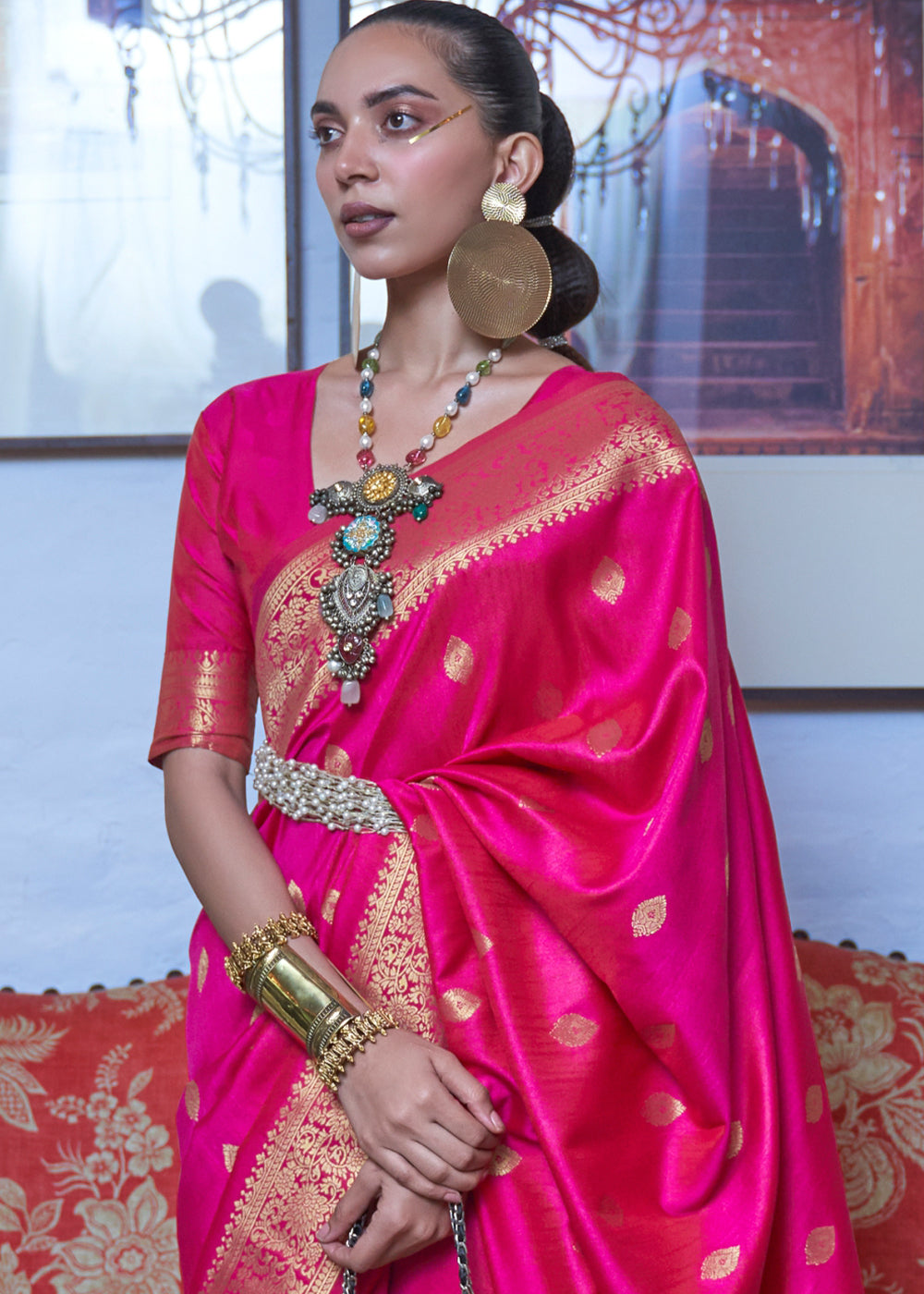 Hot Pink Dual Tone Zari Woven Banarasi Silk Saree