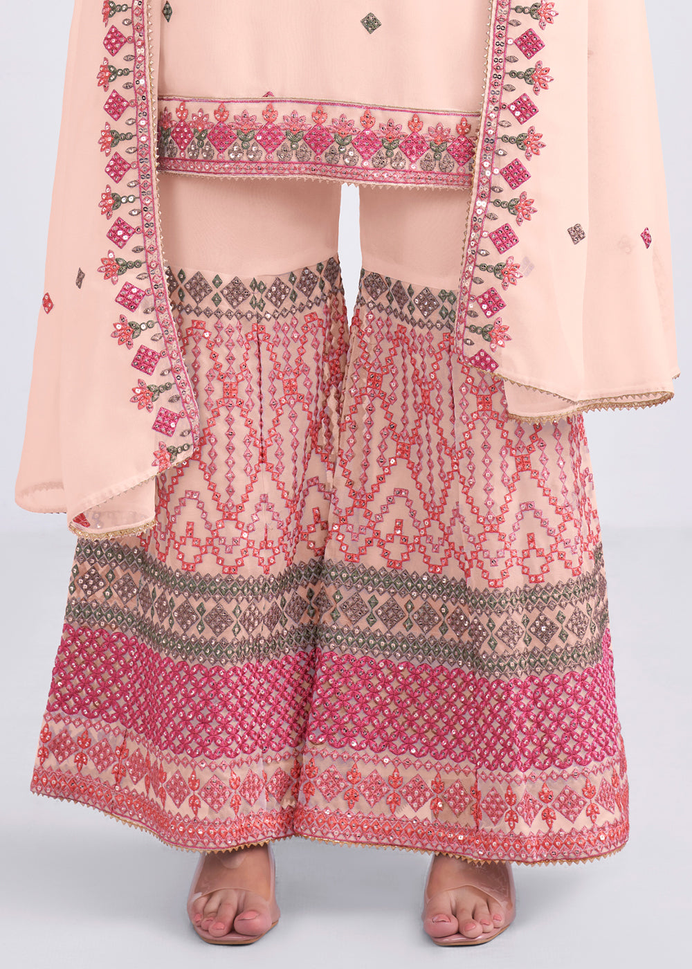 Peach Pink Designer Georgette Embroidered Suit