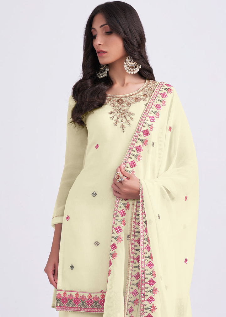Blonde Yellow Designer Georgette Embroidered Suit