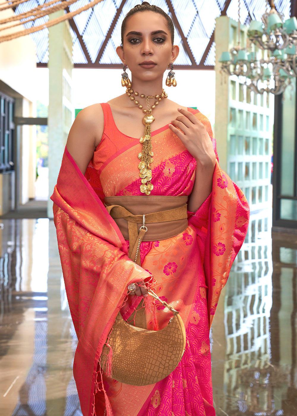 Pink & Orange Zari Woven Banarasi Silk Saree