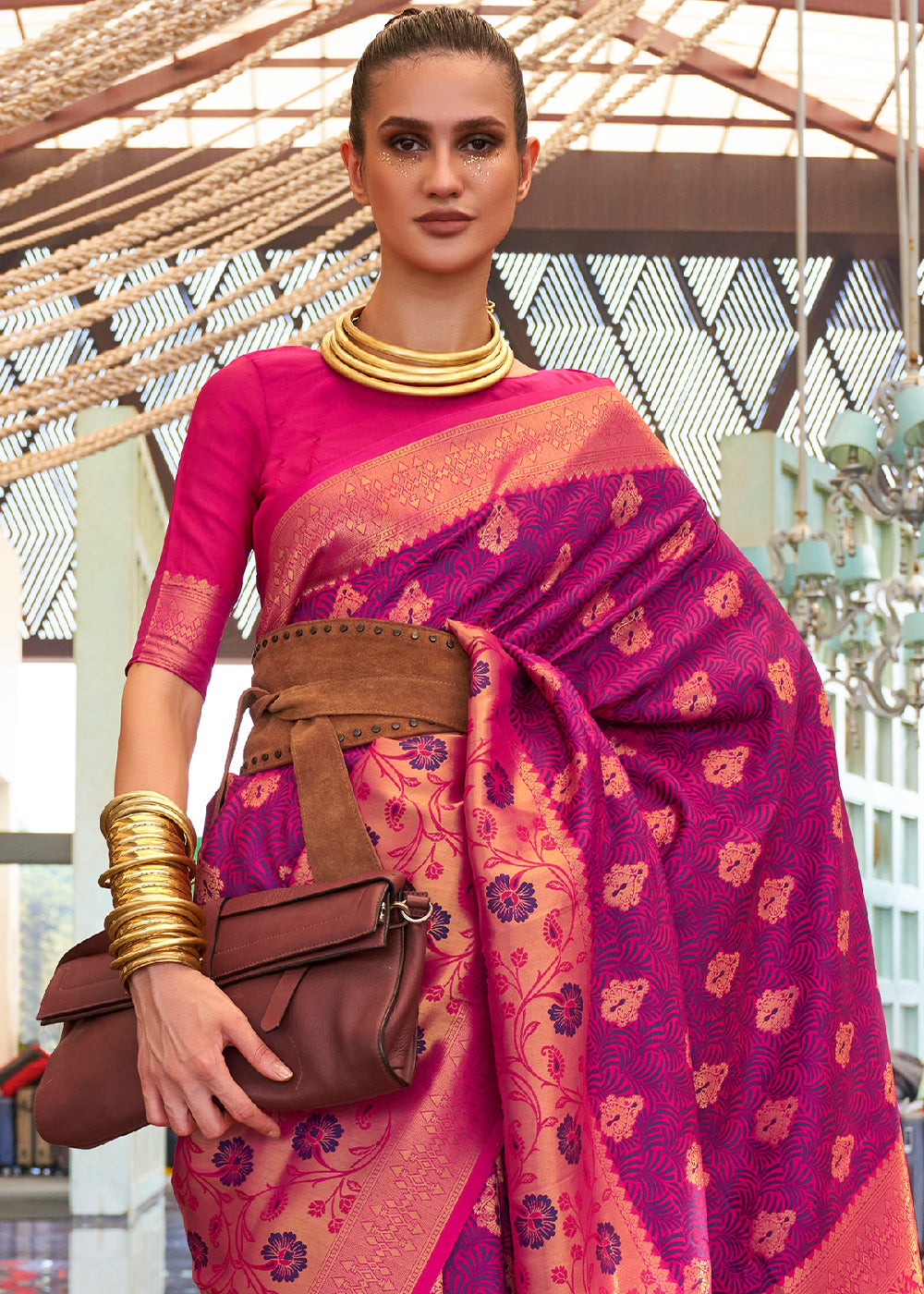 Purple & Pink Zari Woven Banarasi Silk Saree