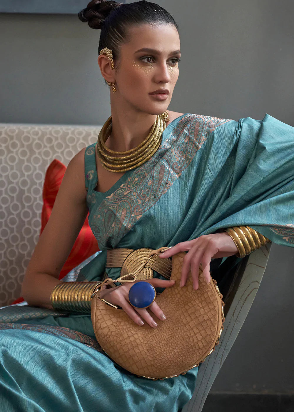Munsell Blue Copper Zari Handloom Weaving Tussar Silk Saree