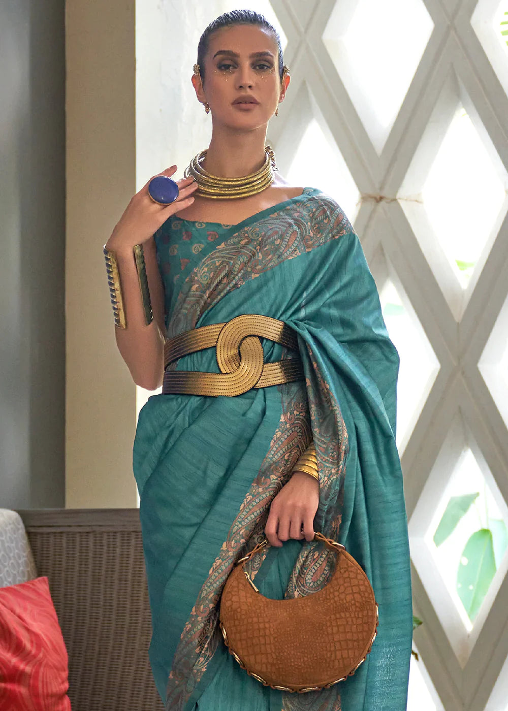 Munsell Blue Copper Zari Handloom Weaving Tussar Silk Saree