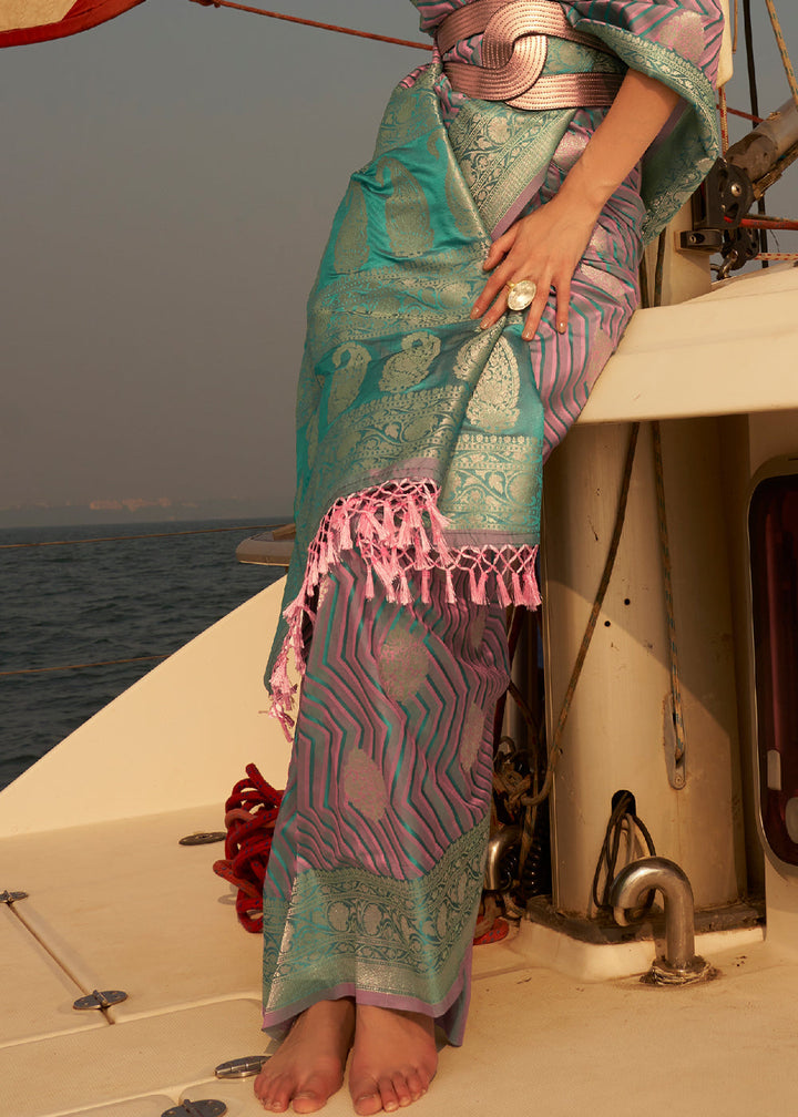 Blue & Pink Two Tone Designer Satin Silk Saree