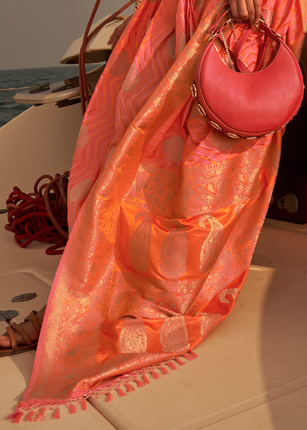 Orange & Pink Two Tone Designer Satin Silk Saree