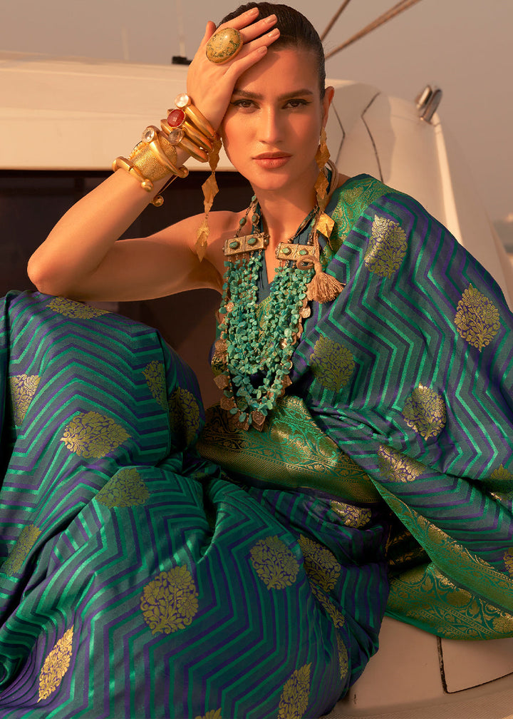 Blue & Green Two Tone Designer Satin Silk Saree