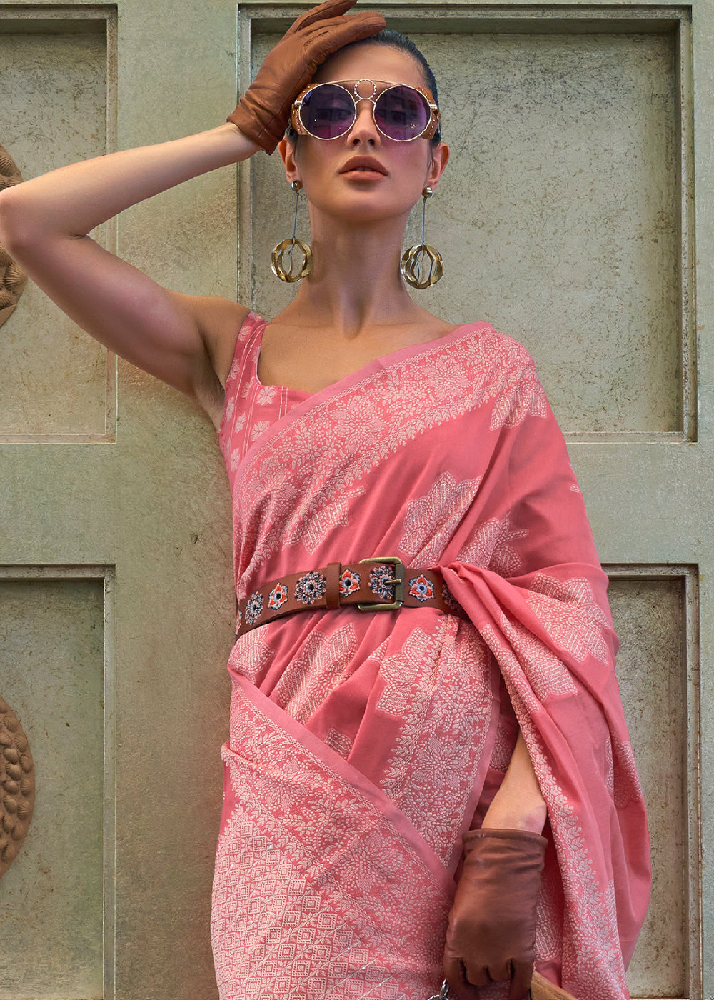 French Pink Chikankari Weaving Silk Saree with Sequins work