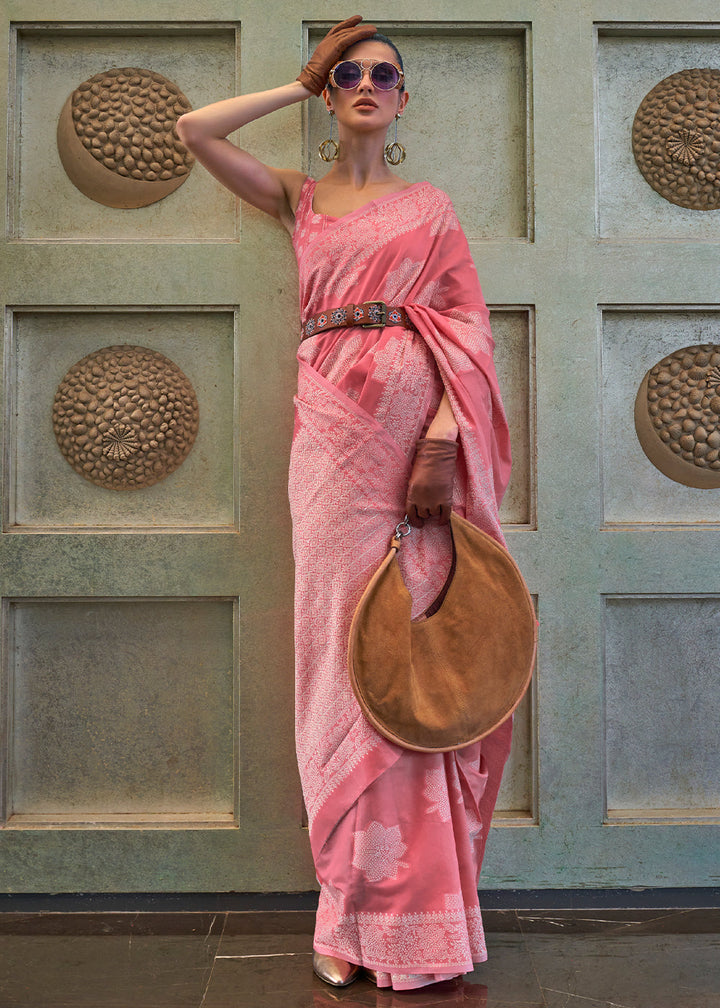 French Pink Chikankari Weaving Silk Saree with Sequins work