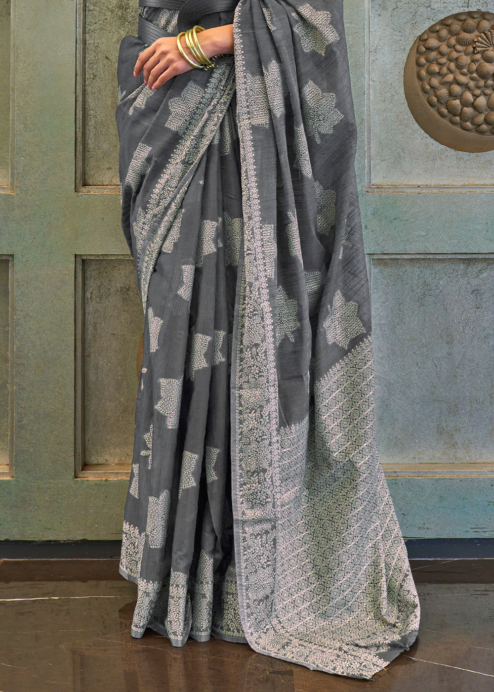 Iron Grey Chikankari Weaving Silk Saree with Sequins work