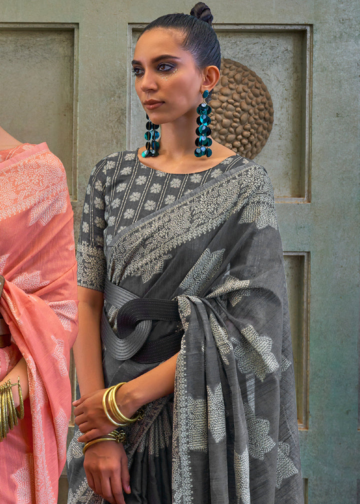 Iron Grey Chikankari Weaving Silk Saree with Sequins work
