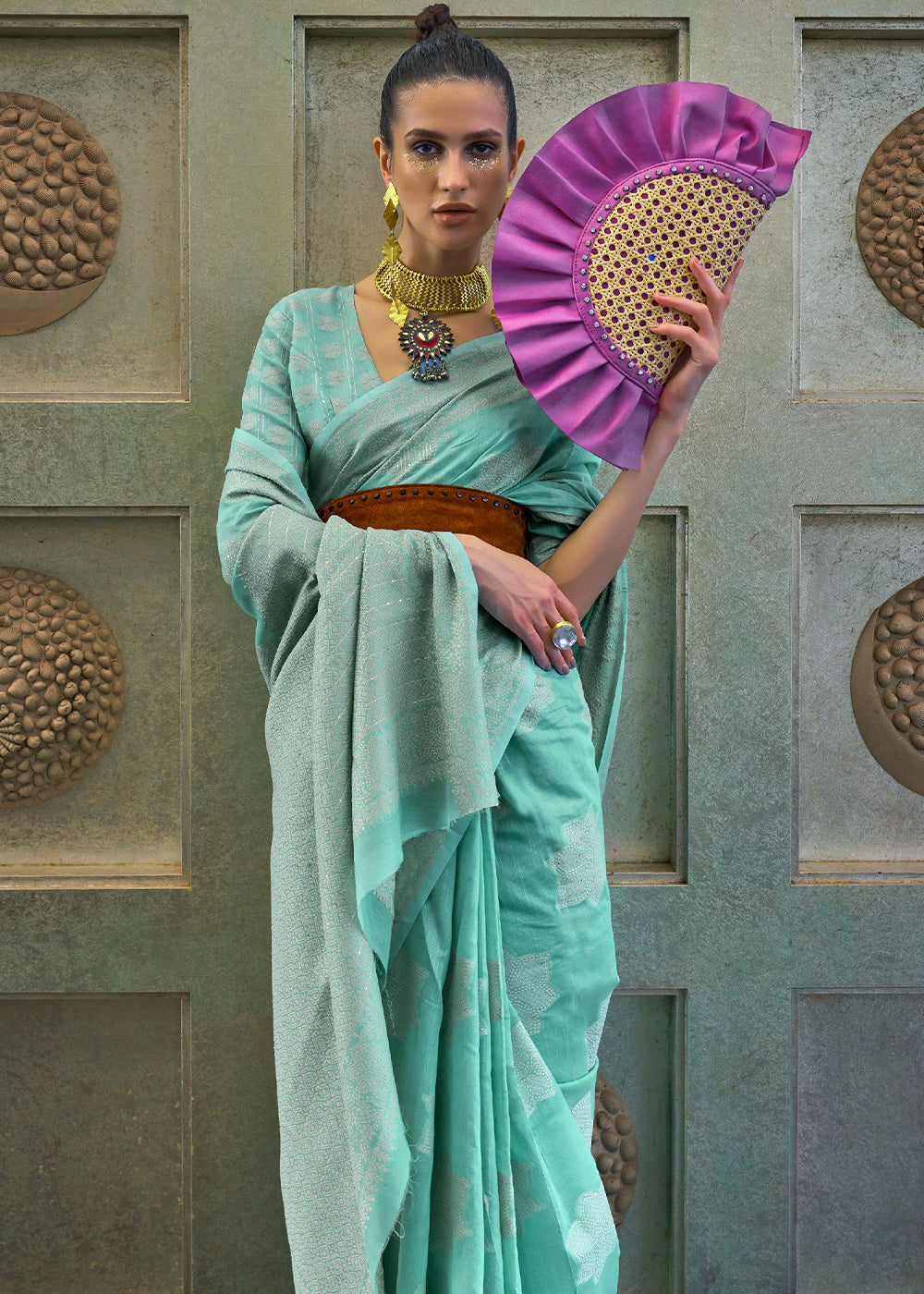Turquoise Blue Chikankari Weaving Silk Saree with Sequins work