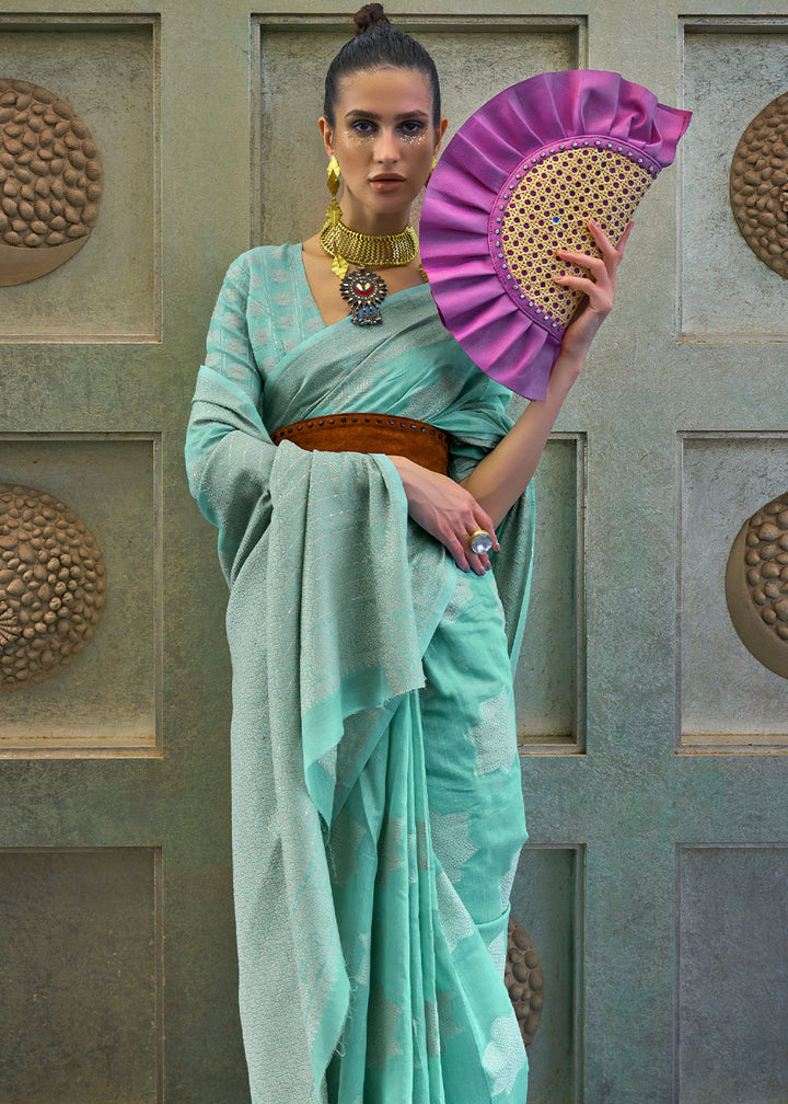 Turquoise Blue Chikankari Weaving Silk Saree with Sequins work