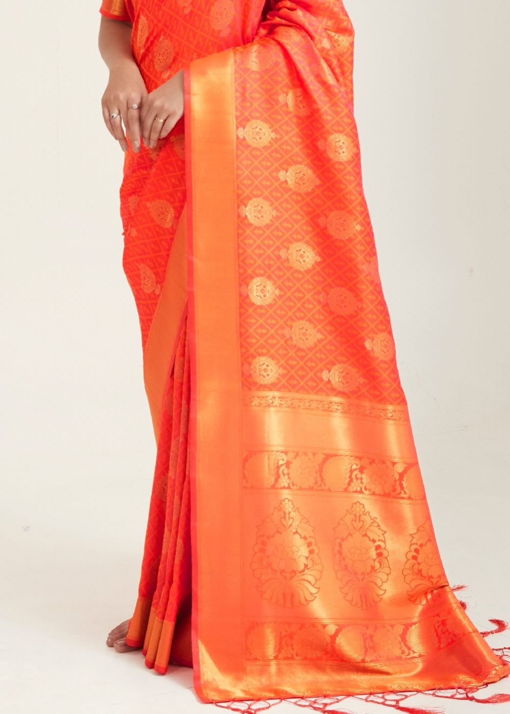 Fire Orange Zari Butta Woven Banasari Silk Saree