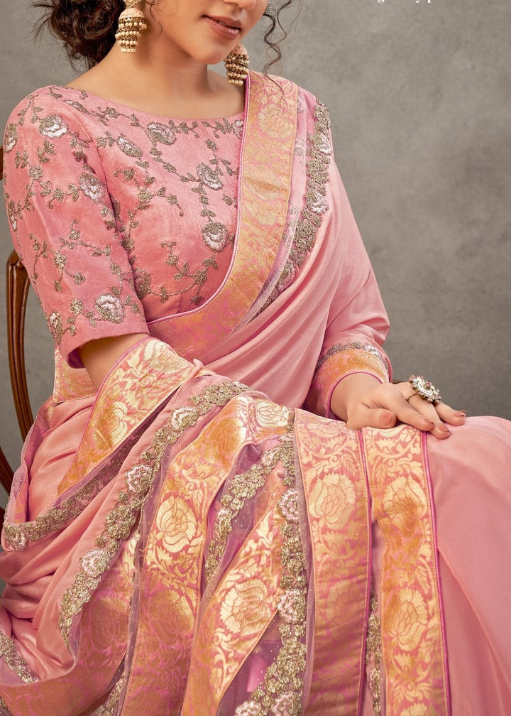 Lemonade Pink Satin Silk Saree with Resham & Cord Embroidery