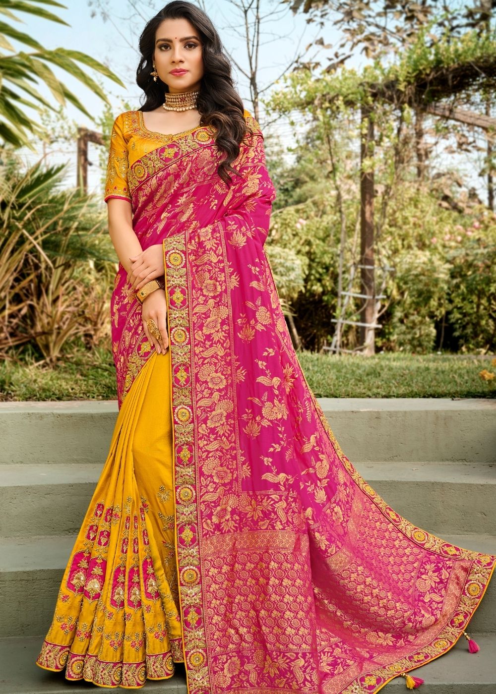 Yellow and Pink Half N Half Silk Saree with Embroidered work