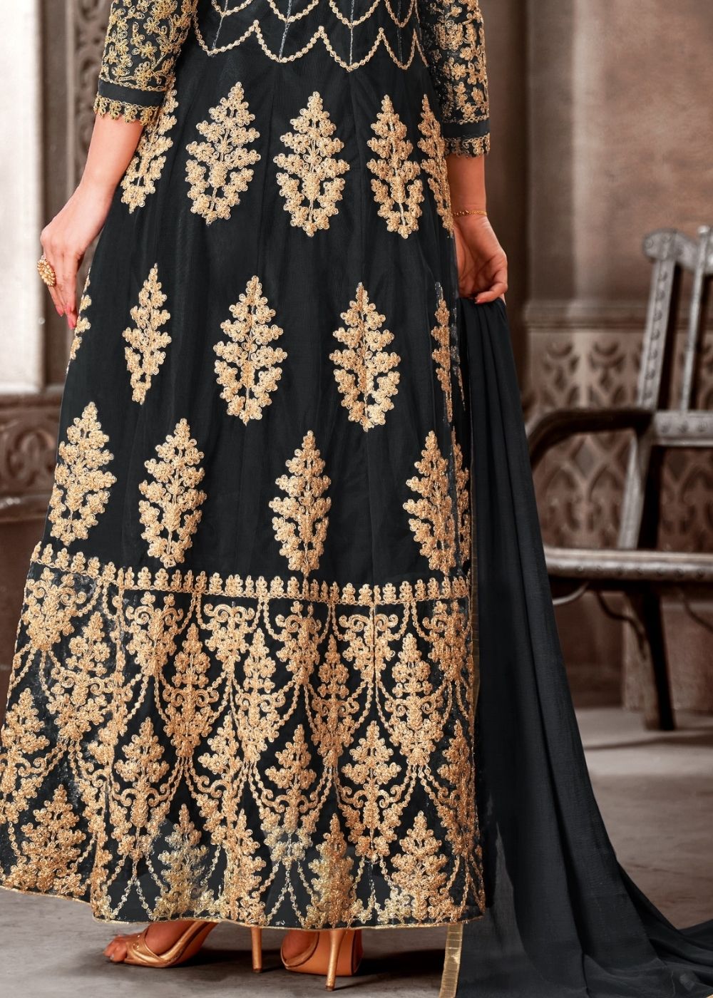 Sable Black Designer Net Anarkali Suit with Full Thread Embroidery Work
