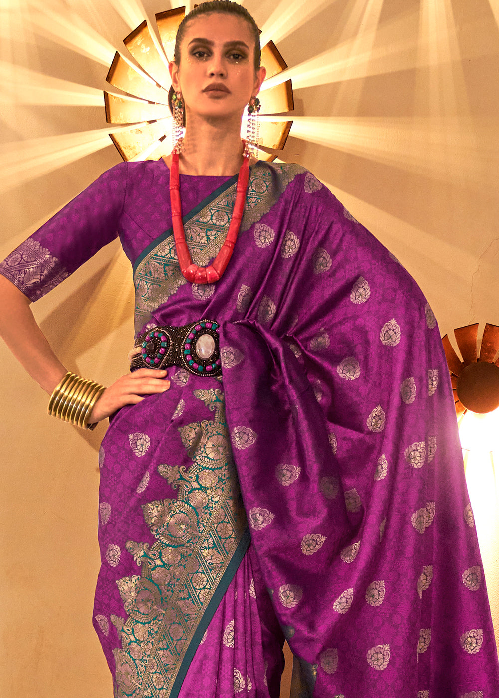Chinese Purple Handloom Woven Banarasi Silk Saree