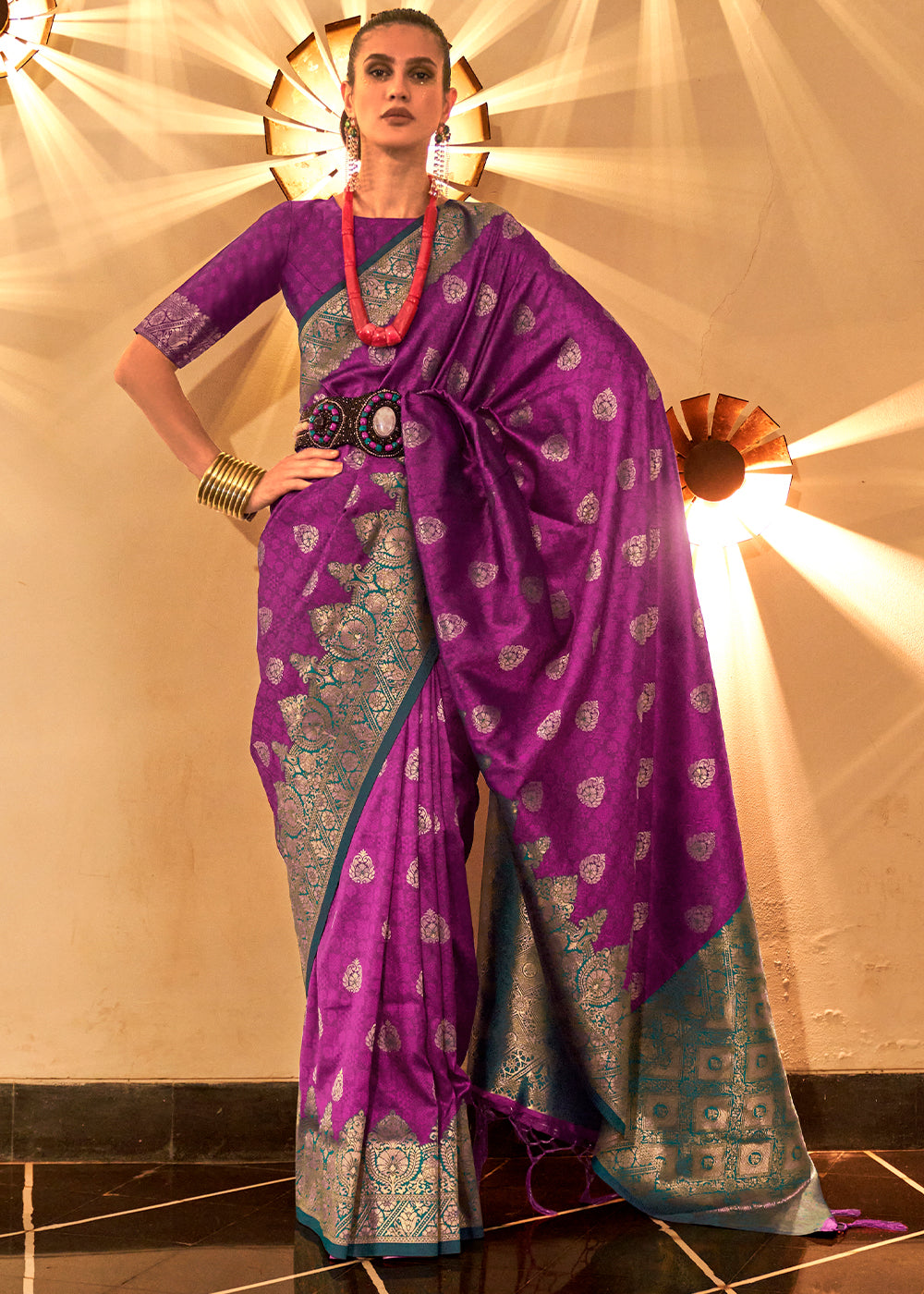 Chinese Purple Handloom Woven Banarasi Silk Saree