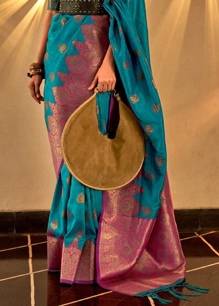 French Blue Handloom Woven Banarasi Silk Saree