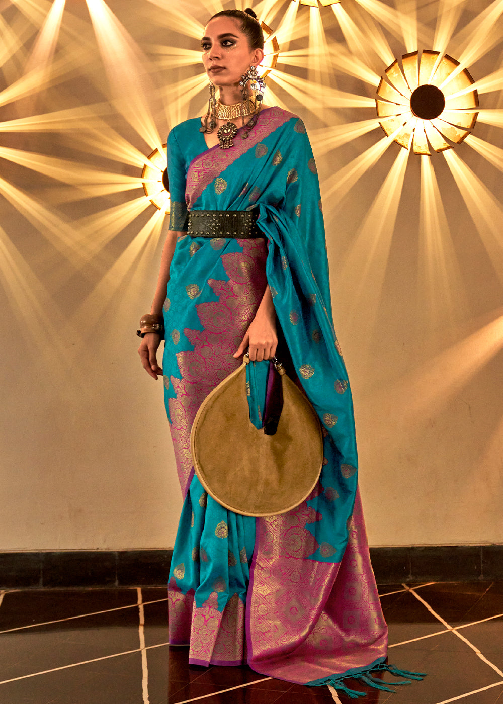 French Blue Handloom Woven Banarasi Silk Saree