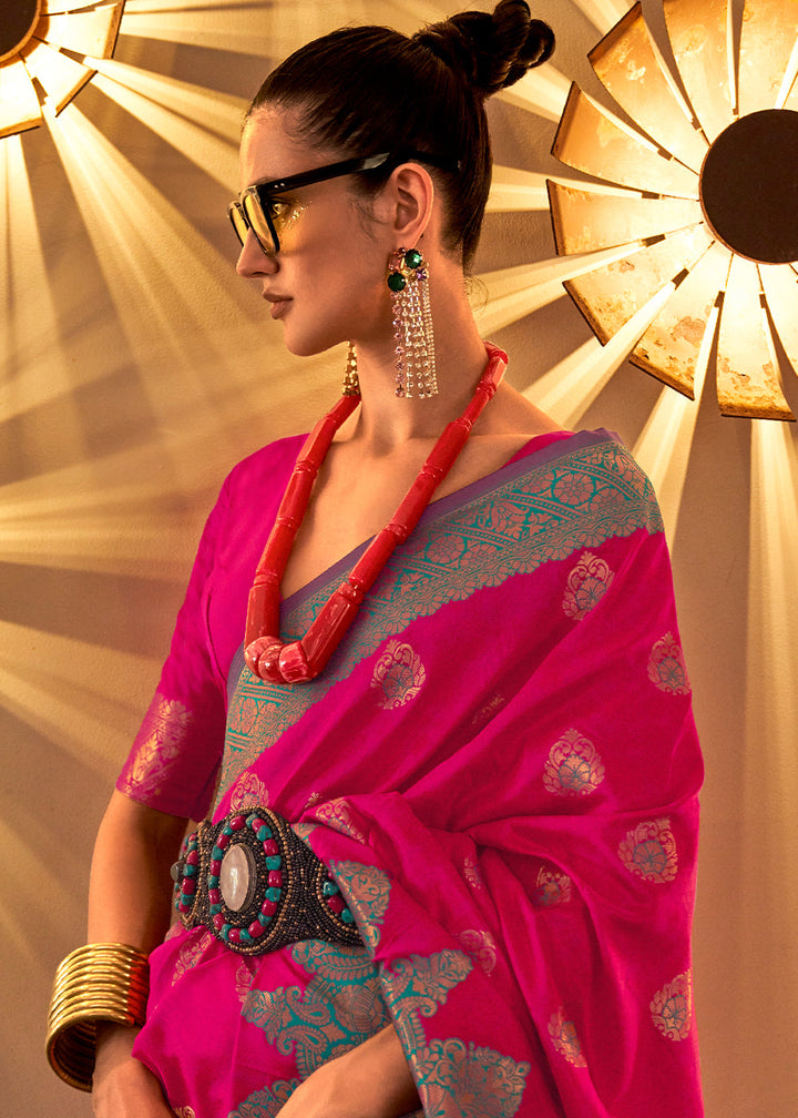 Raspberry Pink Handloom Woven Banarasi Silk Saree