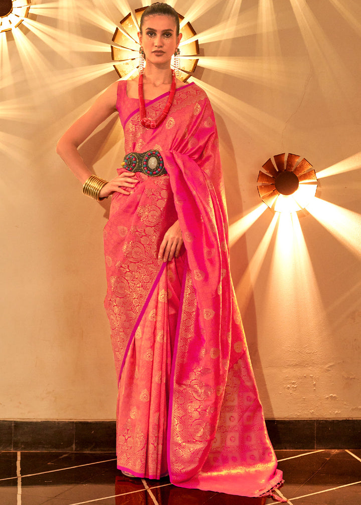 Fiery Rose Pink Handloom Woven Banarasi Silk Saree