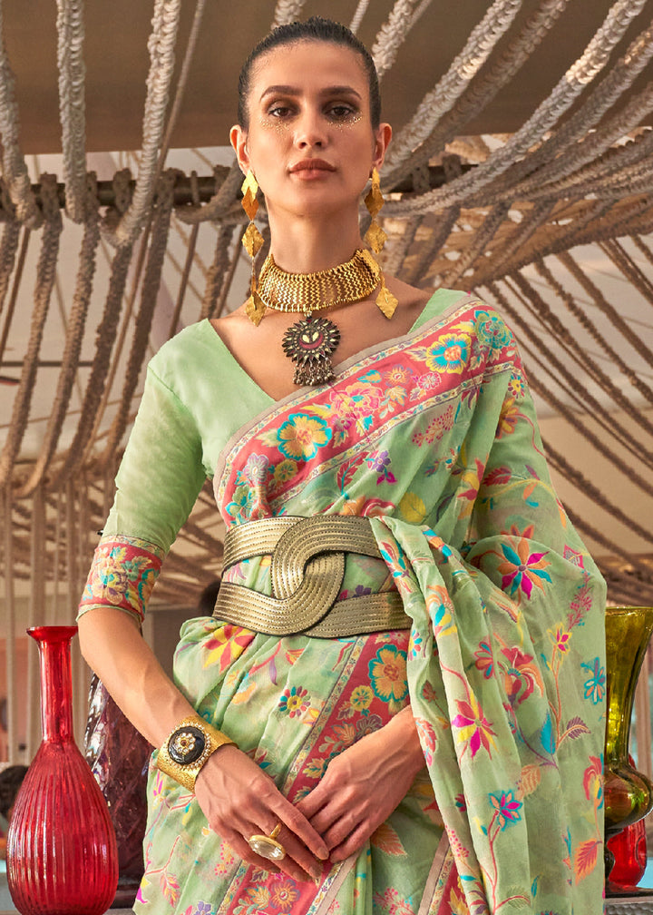 Pastel Green Jamawar Woven Cotton Silk Saree