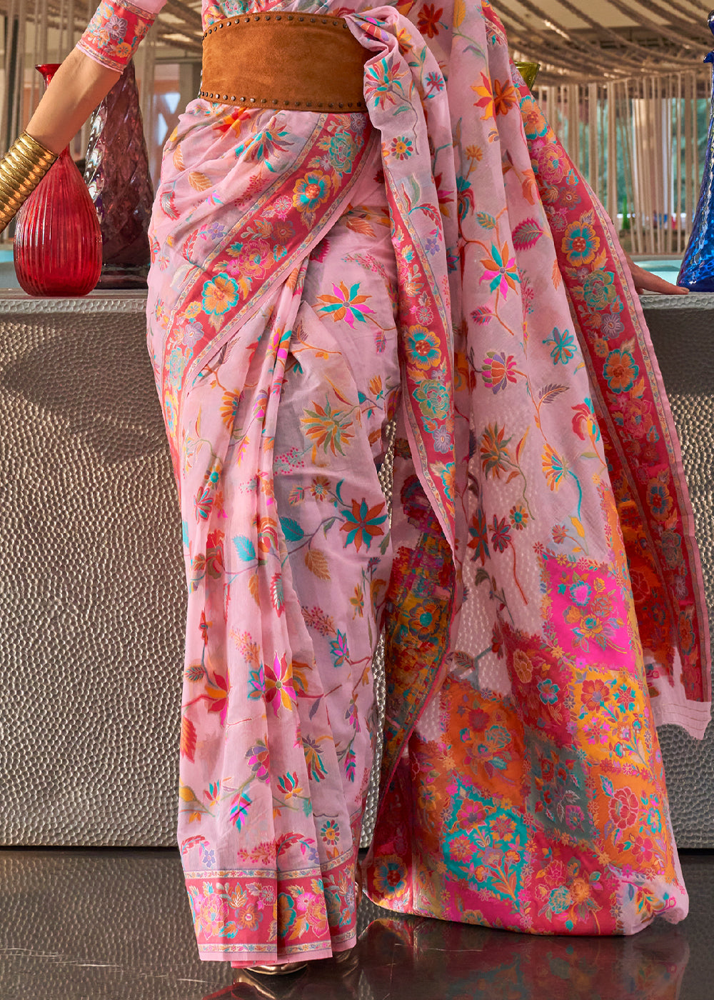 Flamingo Pink Jamawar Woven Cotton Silk Saree