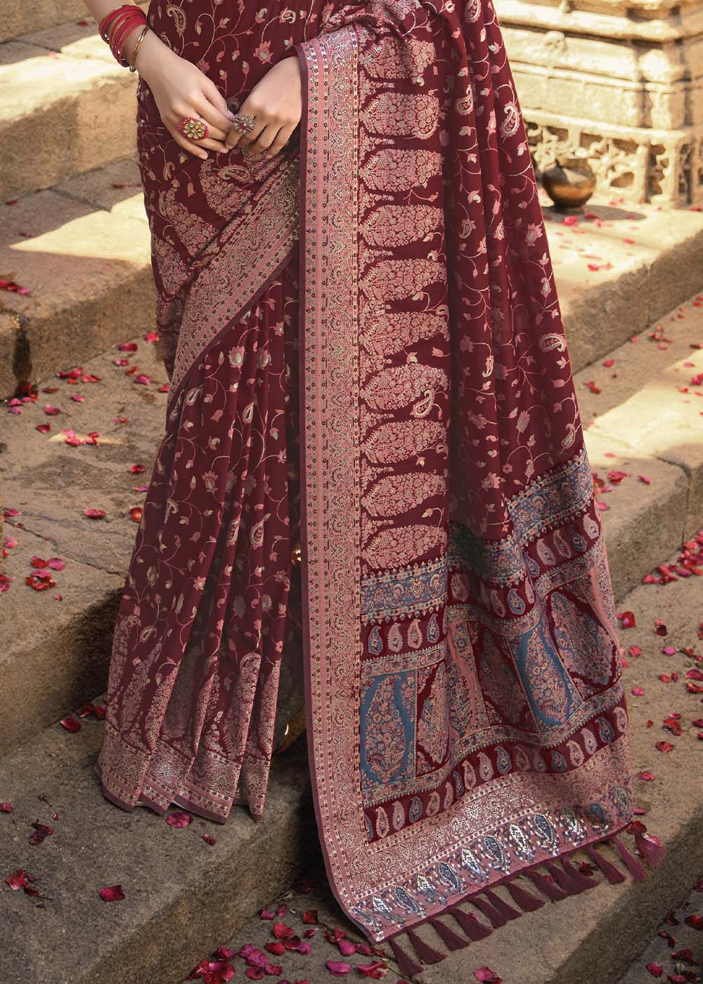 Maroon Red Banarasi Kora Silk Saree with Pashmina Weaving & Zari Border Pallu