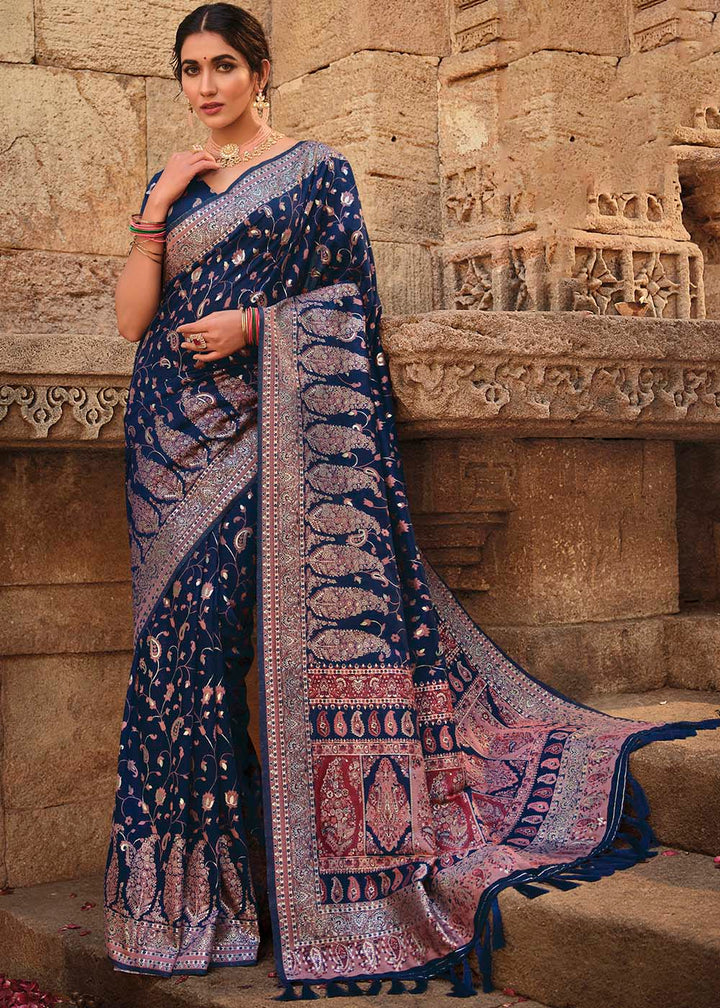 Indigo Blue Banarasi Kora Silk Saree with Pashmina Weaving & Zari Border Pallu