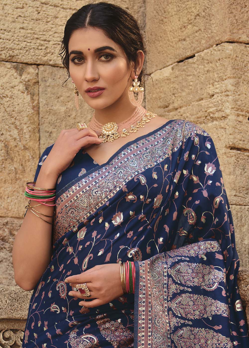 Indigo Blue Banarasi Kora Silk Saree with Pashmina Weaving & Zari Border Pallu