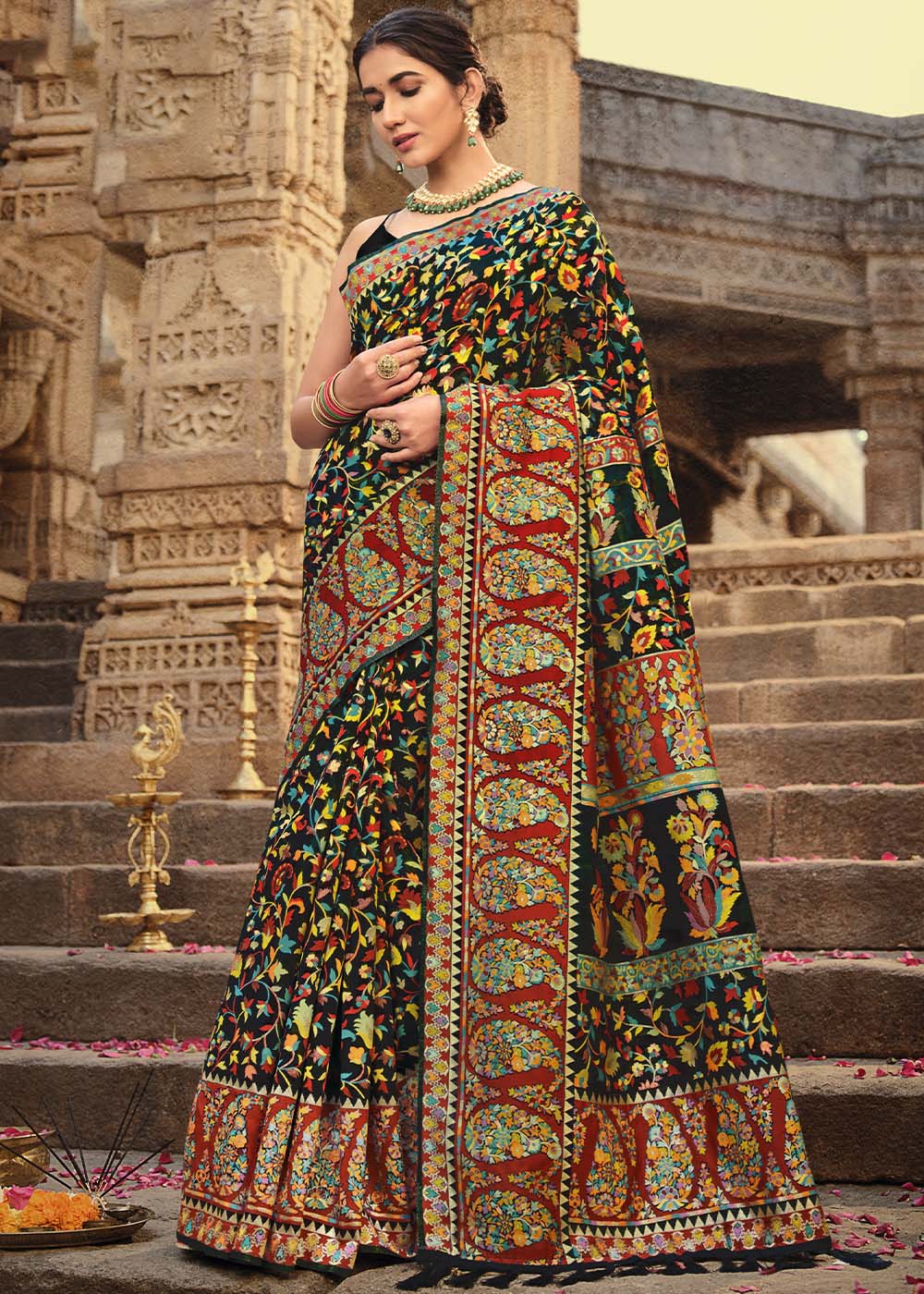 Soot Black Banarasi Kora Silk Saree with Pashmina Weaving & Zari Border Pallu
