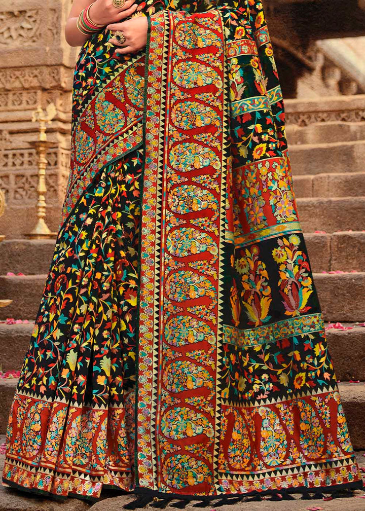 Soot Black Banarasi Kora Silk Saree with Pashmina Weaving & Zari Border Pallu