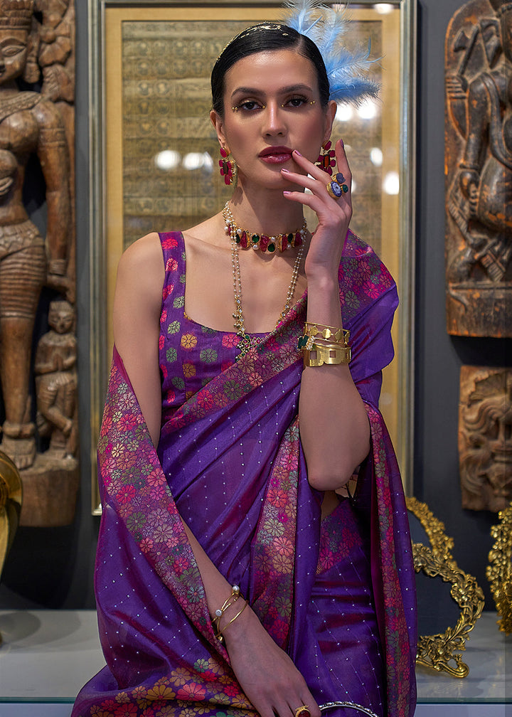 Eminence Purple Handloom Woven Dual Tone Organza Silk Saree with Sequins Work