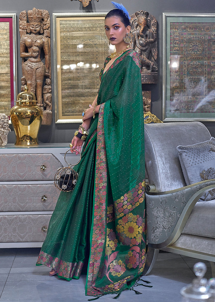 Dark Green Handloom Woven Dual Tone Organza Silk Saree with Sequins Work