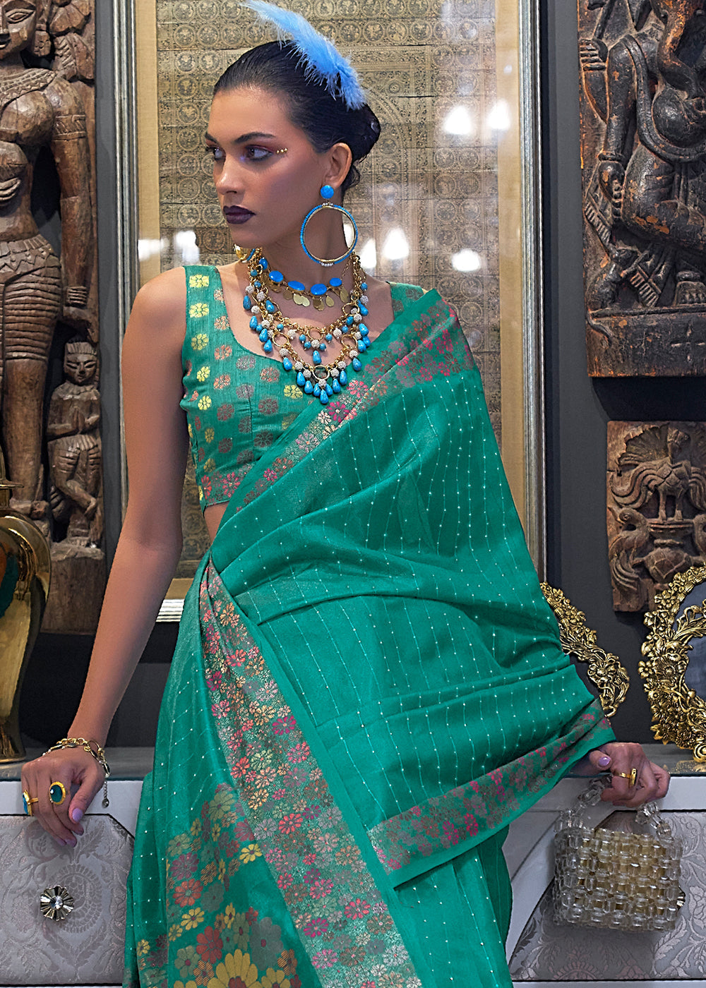 Turquoise Green Handloom Woven Dual Tone Organza Silk Saree with Sequins Work