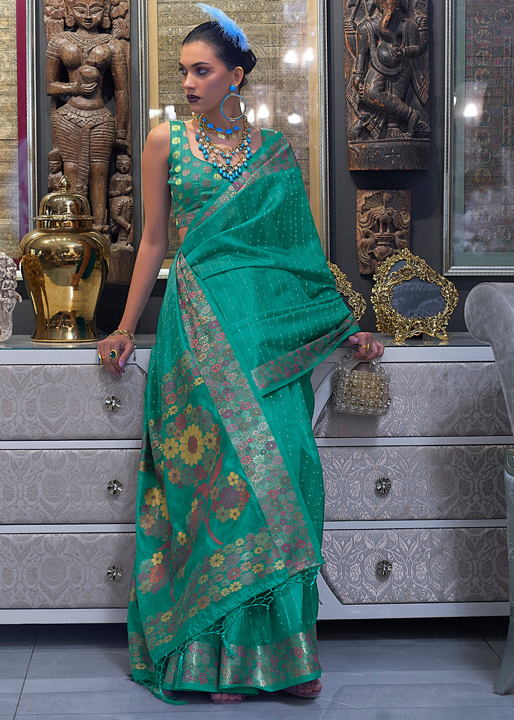 Turquoise Green Handloom Woven Dual Tone Organza Silk Saree with Sequins Work